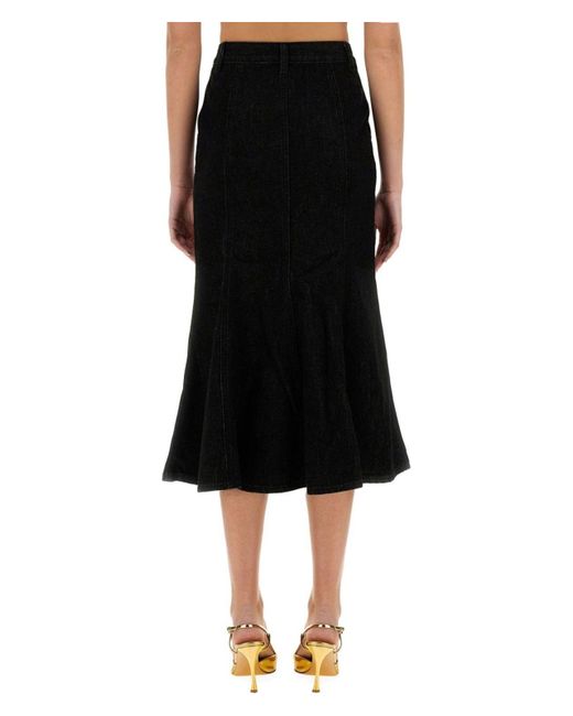 Self-Portrait Black Denim Flared Midi Skirt