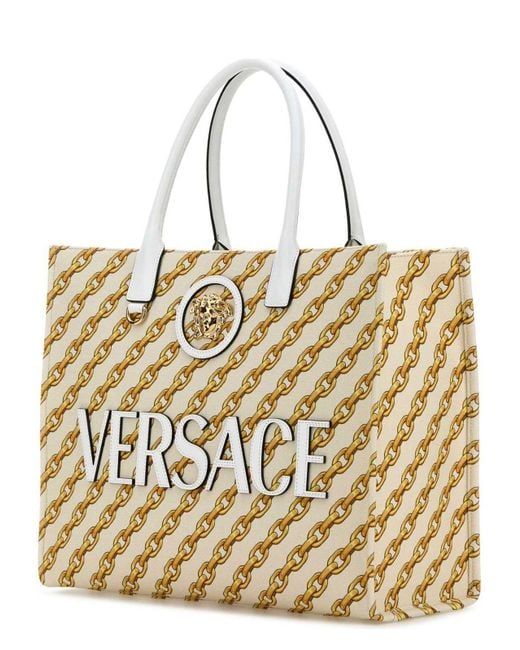 Versace Metallic Embroidered Canvas Large Chain Stripes Shopping Bag