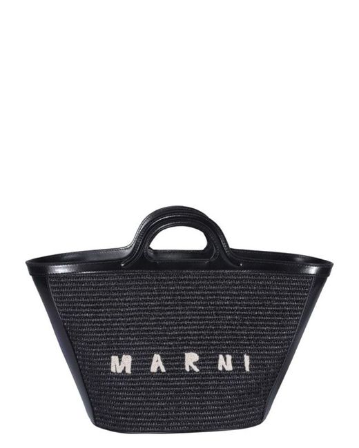 Marni Black Leather And Raffia Small Tropicalia Summer Handbag