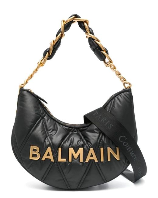 Balmain Black 1945 Soft Moon Bag-Grid Quilted Nylon