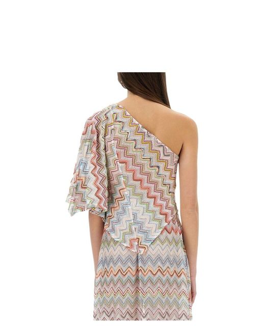 Missoni White Oneshoulder Top With 3D Lamé Zig Zags