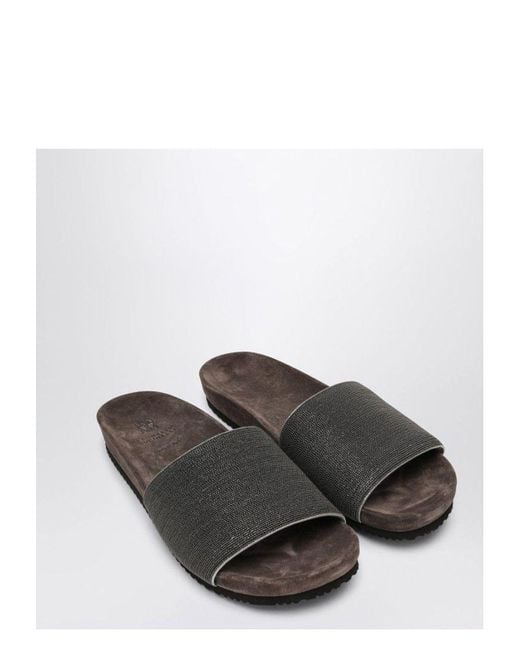 Brunello Cucinelli White Precious Taupe Slides