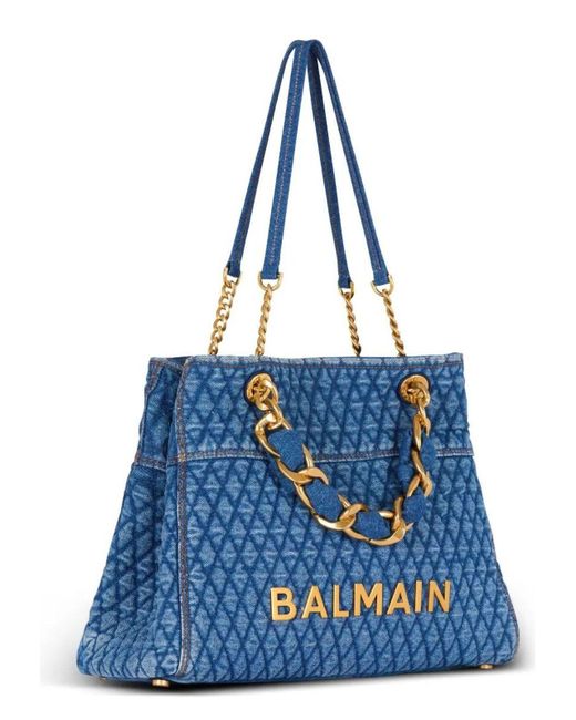 Balmain Blue 1945 Soft Cabas-Grid Quilted Denim