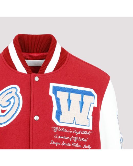 Off-White c/o Virgil Abloh And White Varsity Jacket With Applications in  Blue