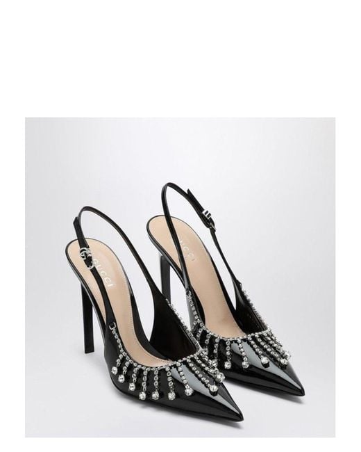 Gucci White Patent Leather Pump With Crystal Chain