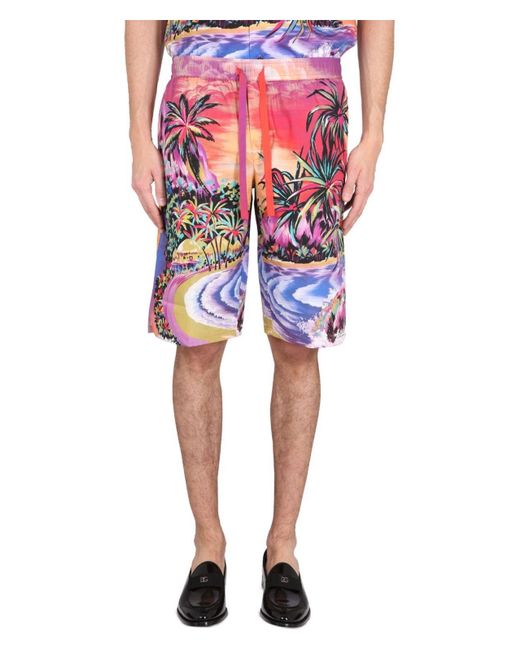 Dolce & Gabbana Red Bermuda Shorts With Hawaii Print for men