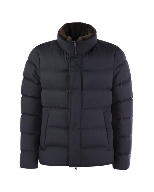 Herno Blue Luxury Short Down Jacket With Removable Fur Collar for men