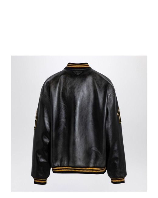 Prada Black Leather Bomber Vintage With Patch