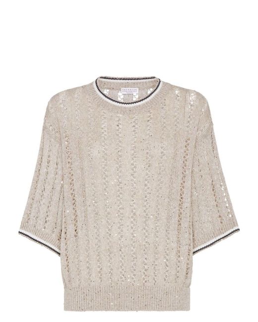 Brunello Cucinelli Natural Dazzling Crewneck Jumper Sweater