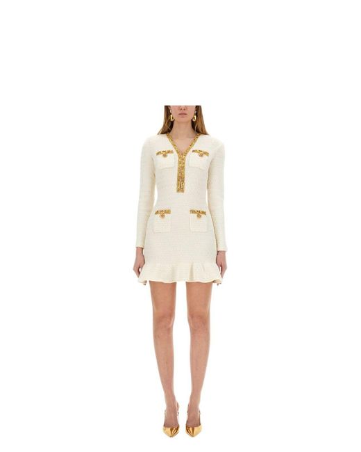 Self-Portrait Lurex Knit Mini Dress in Natural | Lyst