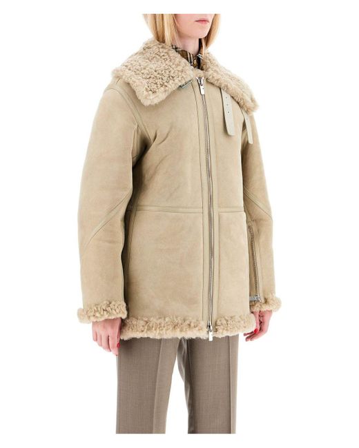 Burberry Natural Shearling Aviator Jacket For