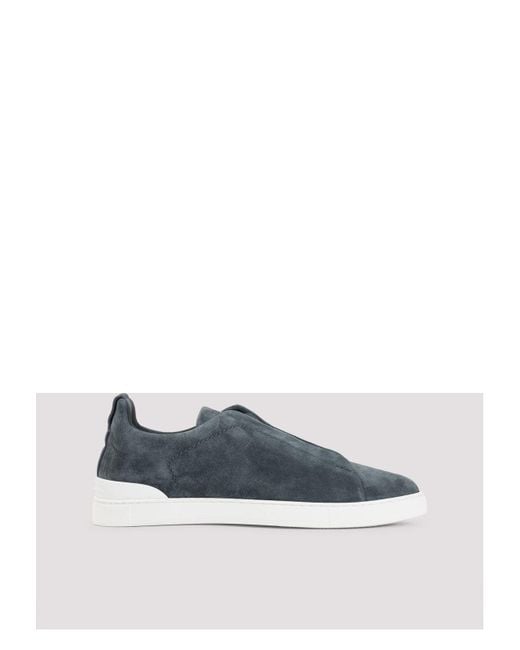 Zegna Blue Suede Triple Stitch Low Top Sneakers for men