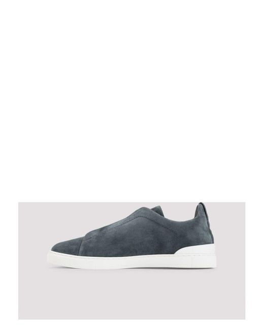 Zegna Blue Suede Triple Stitch Low Top Sneakers for men