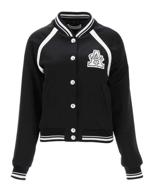 Alessandra Rich Black Satin Bomber Jacket With Logo Patch