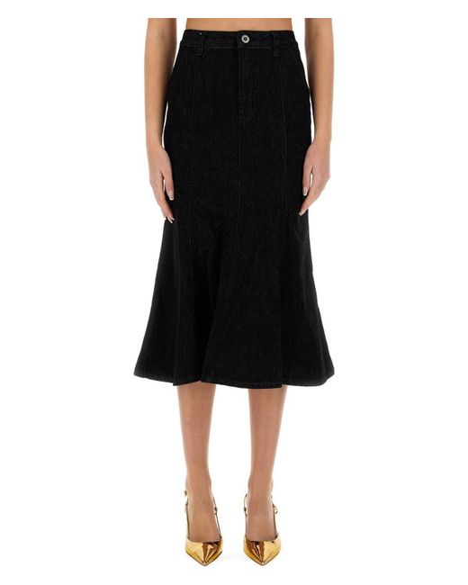 Self-Portrait Black Denim Flared Midi Skirt