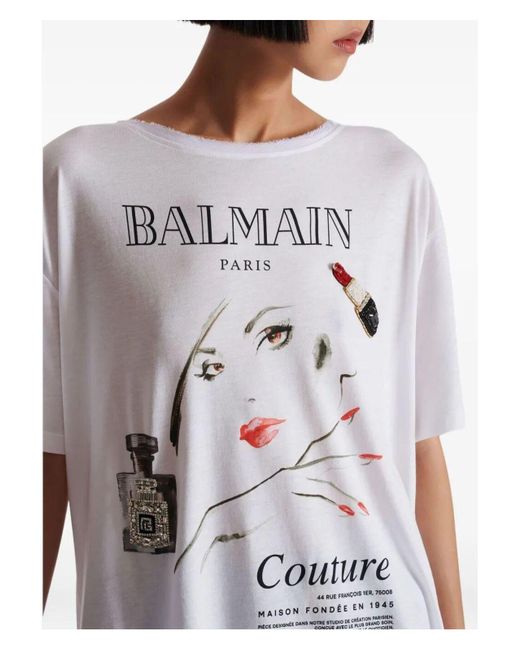 Balmain White Beauty Print Embroidery Patches T-Shirt