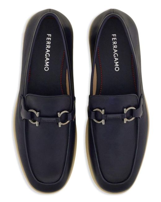 Ferragamo Blue Cosimo Leather Casual Loafers With Gancini Buckle for men