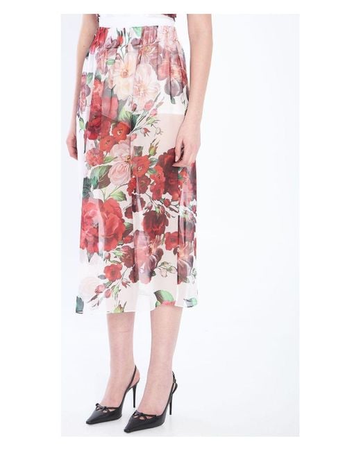 Dolce & Gabbana Red Longuette Skirt With Rose Print