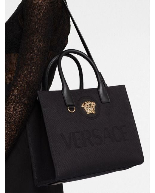 La Medusa Small Canvas Tote Bag in Black - Versace