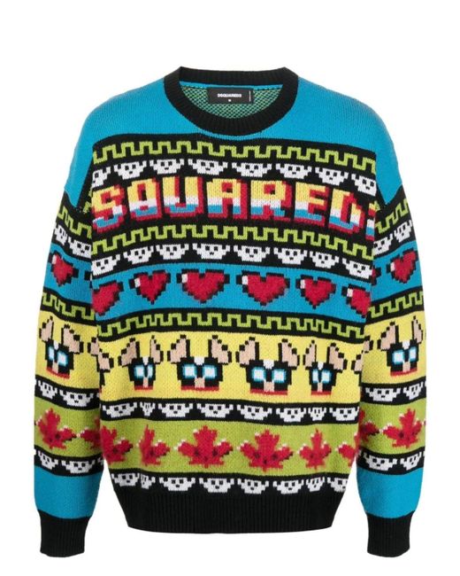 DSquared² Blue Ciro Logo Jacquard Crewneck Knit Sweater for men