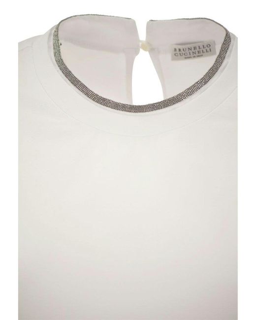 Brunello Cucinelli White Stretch Cotton Jersey T-Shirt With Precious Faux-Layering