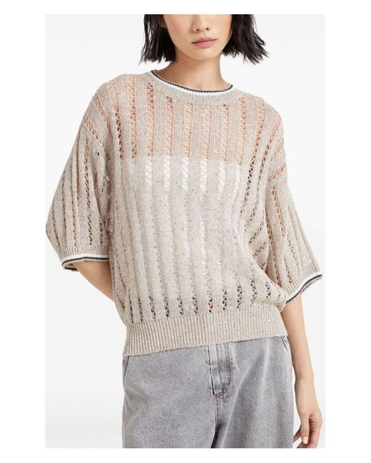Brunello Cucinelli Natural Dazzling Crewneck Jumper Sweater