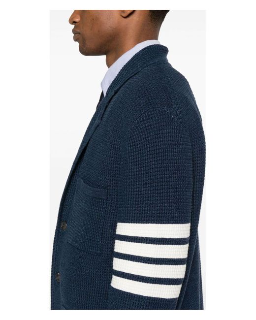 Thom Browne Blue Notched Lapels Drop Shoulder Cardigan for men