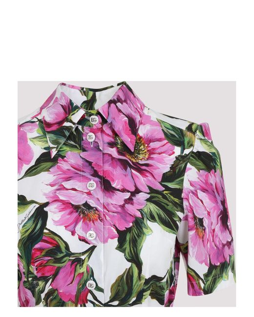 Dolce & Gabbana Purple Peony Print Short Sleeved Cotton Midi Dress