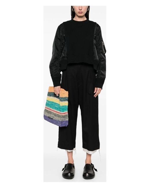 Sacai Black Cotton And Nylon Crewneck Sweater