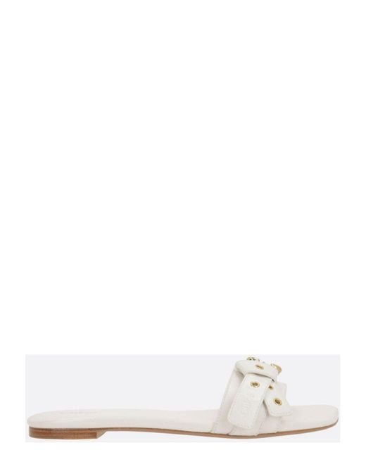 Chloé White Flat Sandal With Golden Buckle