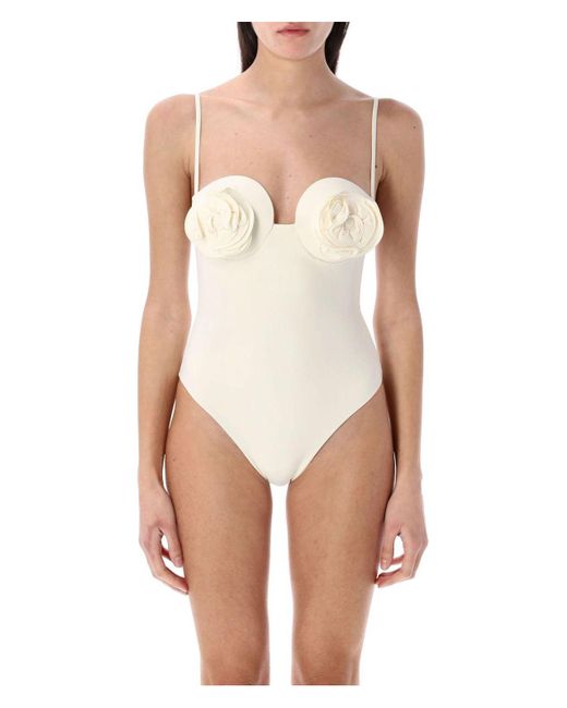 Magda Butrym White 3D Flower Retro Bustier Swimsuit