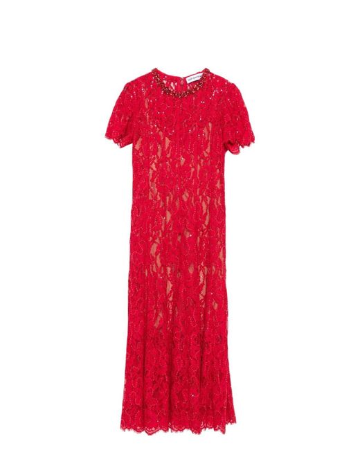 Self-Portrait Red Lace Midi Dress With Sequins