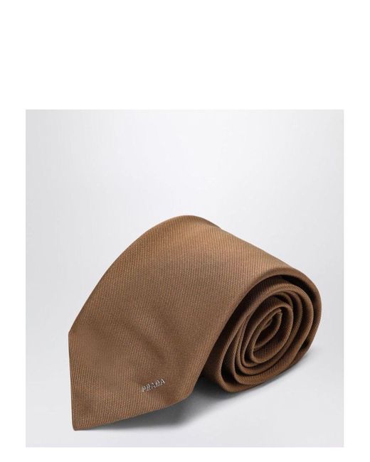 Prada Brown Caramel Coloured Silk Tie With Logo for men