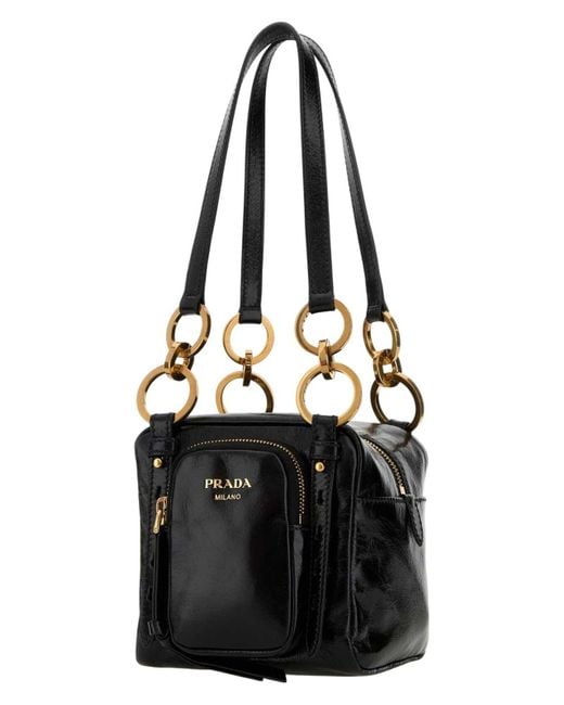 Prada Black Dangle Leather Boston Bag