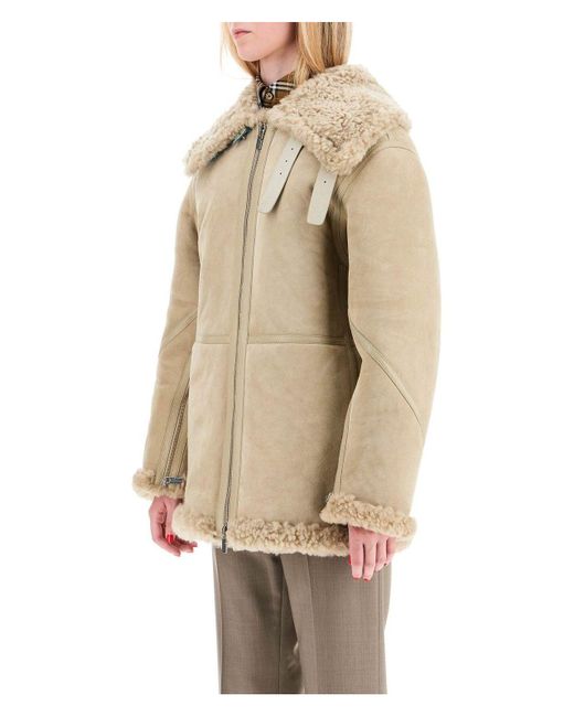 Burberry Natural Shearling Aviator Jacket For