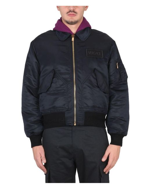Versace Blue Bomber Jacket With Applied Logo for men