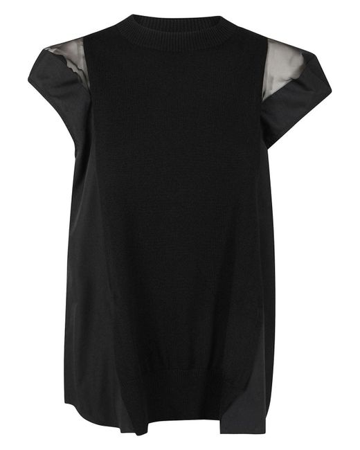 Sacai Black Popeline X Knit Pullover Sweater