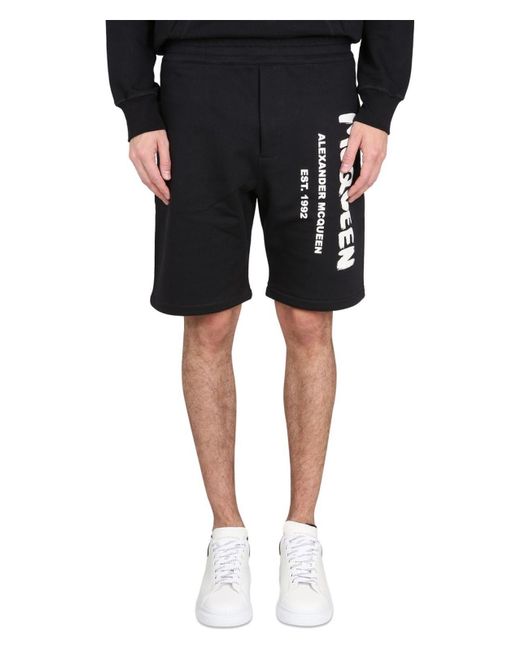 Alexander McQueen Black Bermuda Shorts With Graffiti Logo Print for men