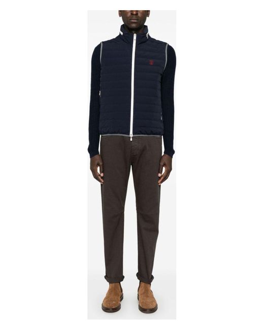 Brunello Cucinelli Blue Sleeveless Nylon Down Jacket With Logo And Removable Hood for men
