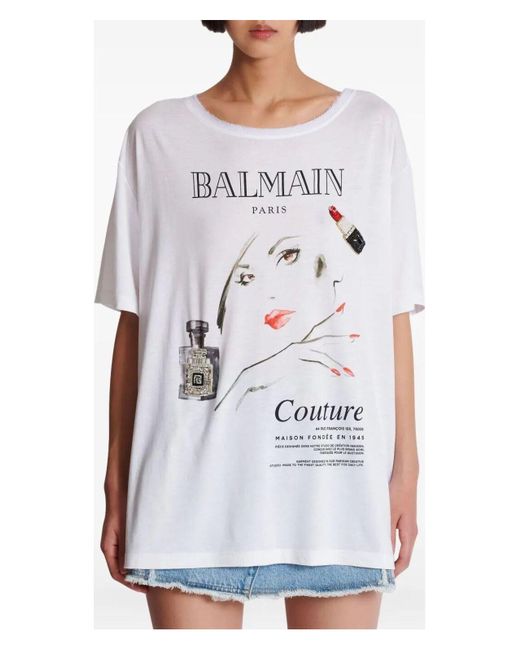 Balmain White Beauty Print Embroidery Patches T-Shirt