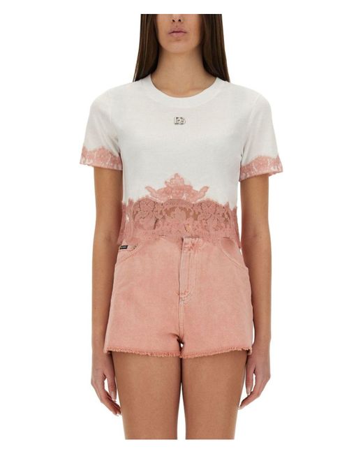 Tシャツ・カットソー Dolce & Gabbana Cropped Jersey T-Shirt With Lace Inserts Dolce & Gabbana Cropped Jersey T-Shirt With Dg Logo And Lace