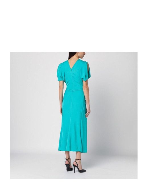 Victoria Beckham Blue Peacock-Coloured Midi Dress With Ruffle