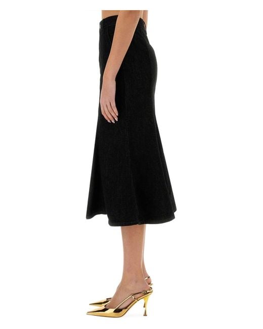 Self-Portrait Black Denim Flared Midi Skirt