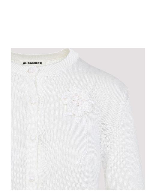 Jil Sander White Cardigan With Crochet Flower