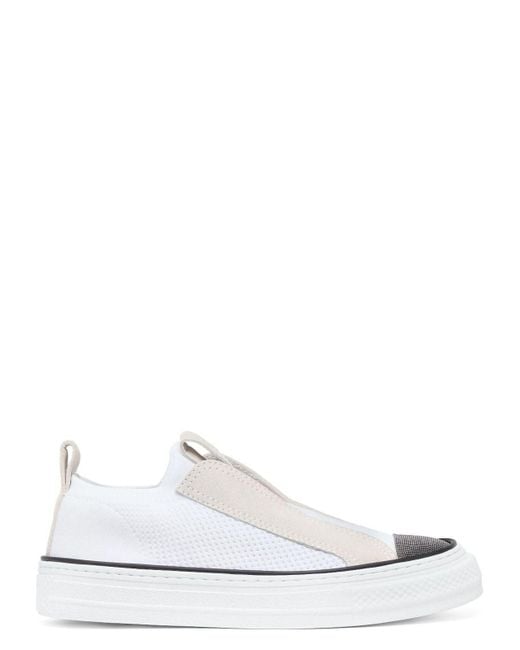 Brunello Cucinelli White Slip On Sneakers With Shiny Toe
