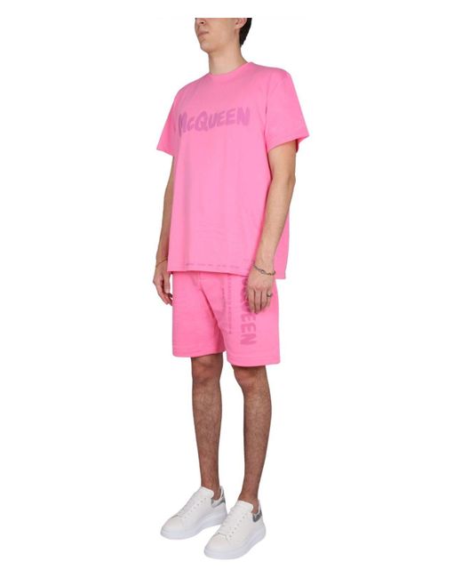 Alexander McQueen Pink Bermuda Shorts With Graffiti Logo Print for men