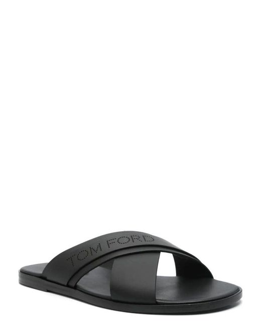 Tom Ford Black Preston Logo Perforated Slides for men