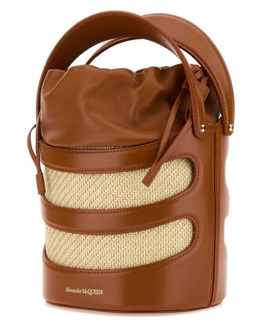 Alexander McQueen Brown Two-Tone Leather And Raffia The Rise Bucket Bag