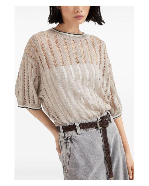Brunello Cucinelli Natural Dazzling Crewneck Jumper Sweater