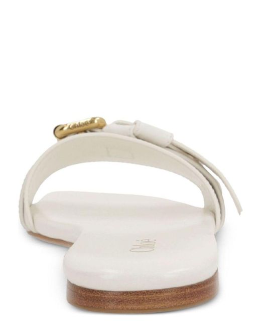 Chloé White Flat Sandal With Golden Buckle